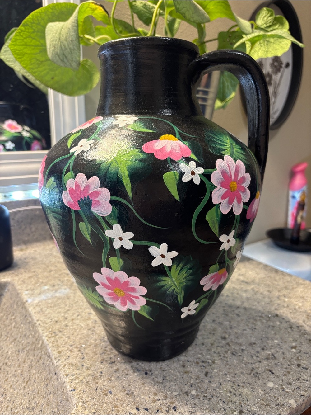 Hand-Painted Black Floral Ceramic Vase - Pink & White Flowers